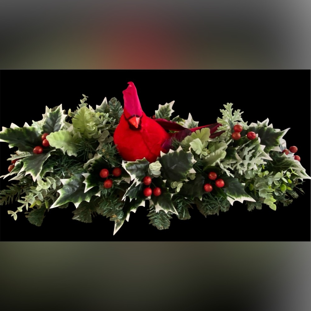 Cardinal and holly berry table centerpiece